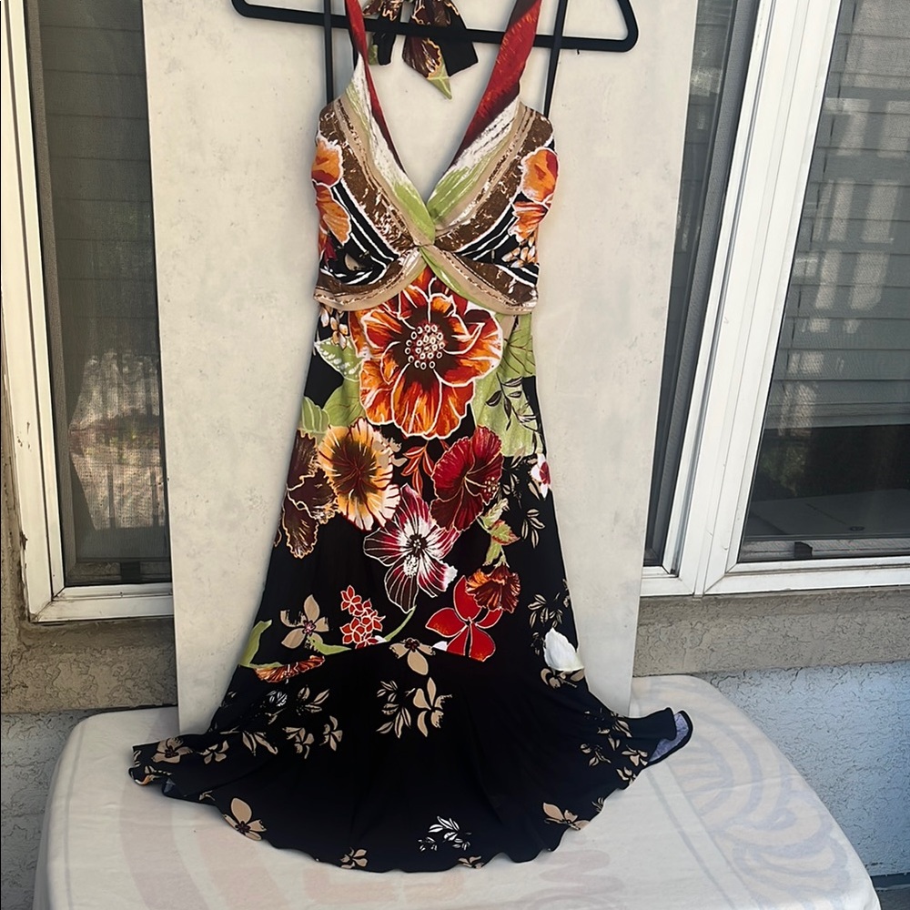 Y2K Caché Floral Halter Dress - Size 2 🌸 Stretchy & Backless
